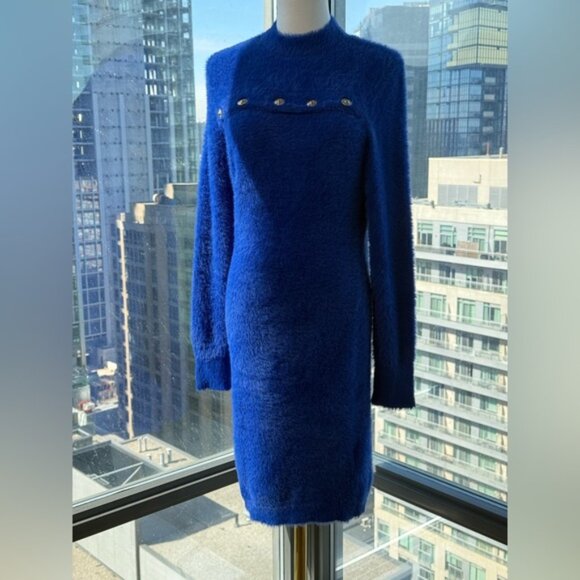 🆕 VERSACE JEANS COUTURE 🧿 NWOT Royal Blue Faux Fur Knit Dress, Buttons - Sz XL - Picture 9 of 16